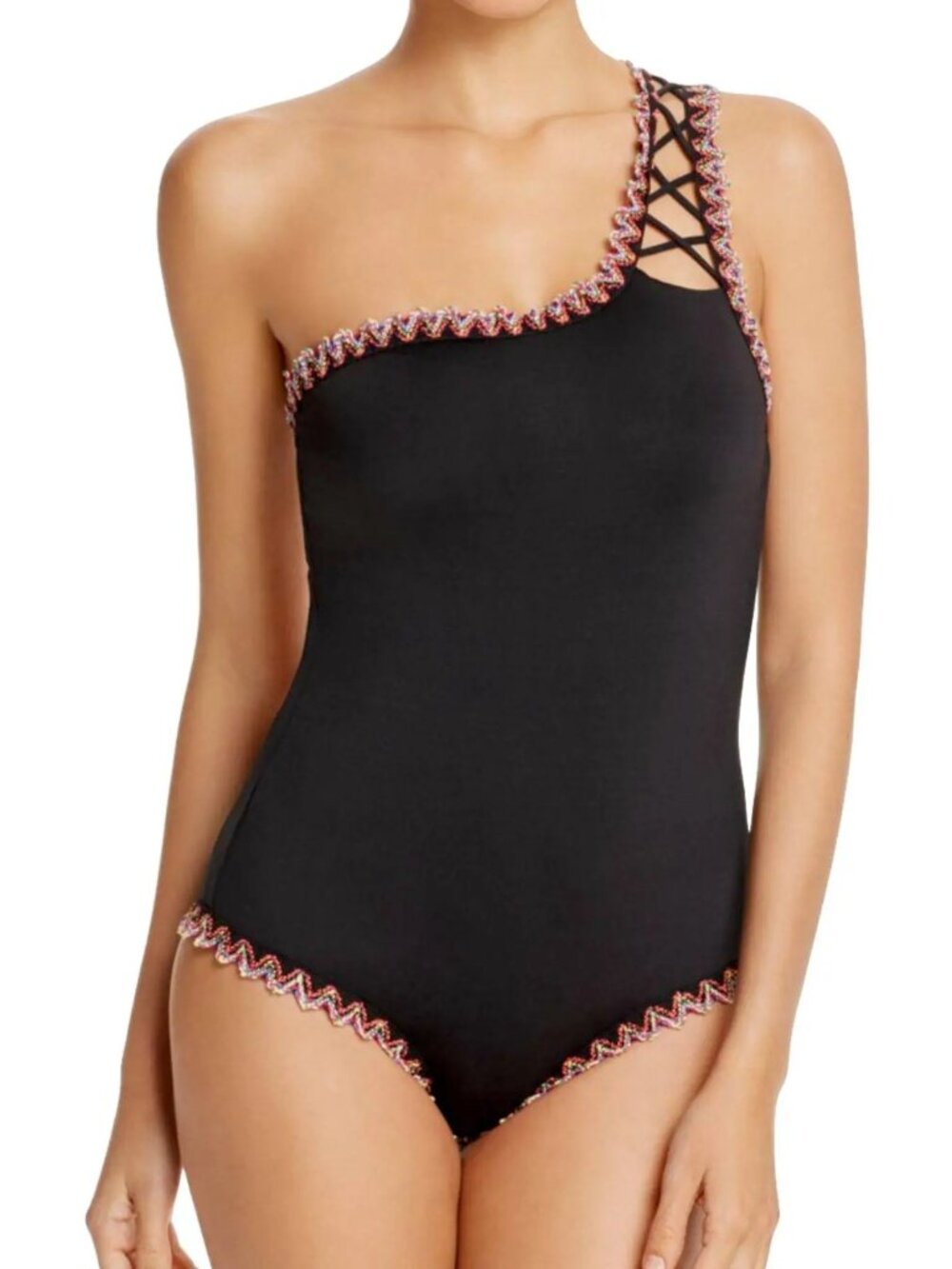 Becca Mardi Gras Lace Up Asymmetrical One Piece Swimsuit Large Black Multicolor